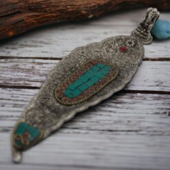QUEMADOR INCIENSO METAL LABRADO HOJA 22X5CM - DOS PIEDRAS TURQUESA - Imagen 3