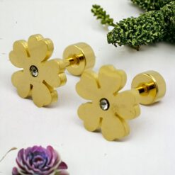 Pendientes Acero Dorado Roscado Flor con brillante