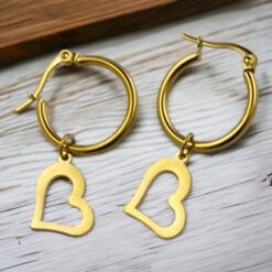 Pendientes Argollas Acero Dorado Corazón