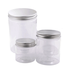 Frasco plástico transparente con tapa de aluminio