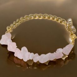 Pulsera acero dorado Chip minerales Cuarzo Rosa