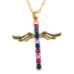 Colgante Acero Dorado Cruz Alas Ángel Circonita co