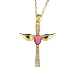 Colgante Acero Dorado Cruz Alas con circonitas