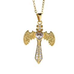 Colgante Acero Dorado Espada Alas con circonitas