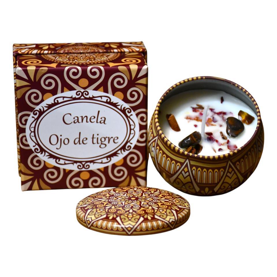 Vela lata Grande aroma Canela con Ojo de Tigre