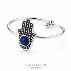 Anillo Ajustable de Plata de Ley 925 Mano de Fátima Azul
