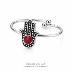 Anillo Ajustable de Plata de Ley 925 Mano de Fátima Rojo
