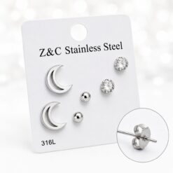 Pack de Pendientes Luna, Esfera y Circonita de Acero Inoxidable 316L Plateado
