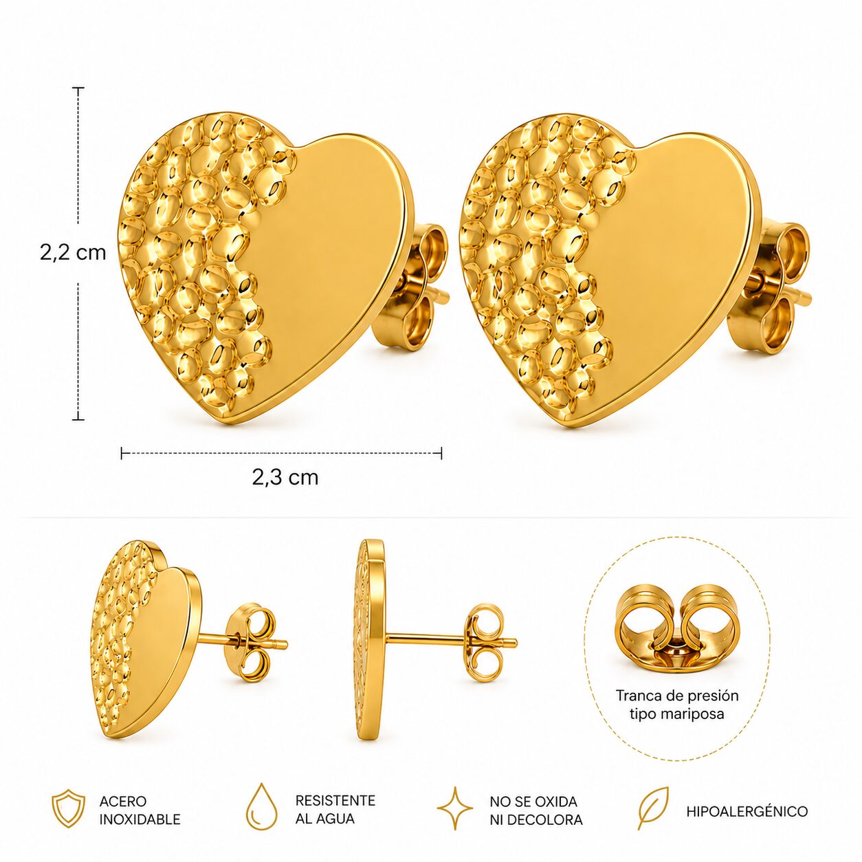 Pendientes Corazón Liso y Texturizado de Acero Inoxidable Dorado - Imagen 2