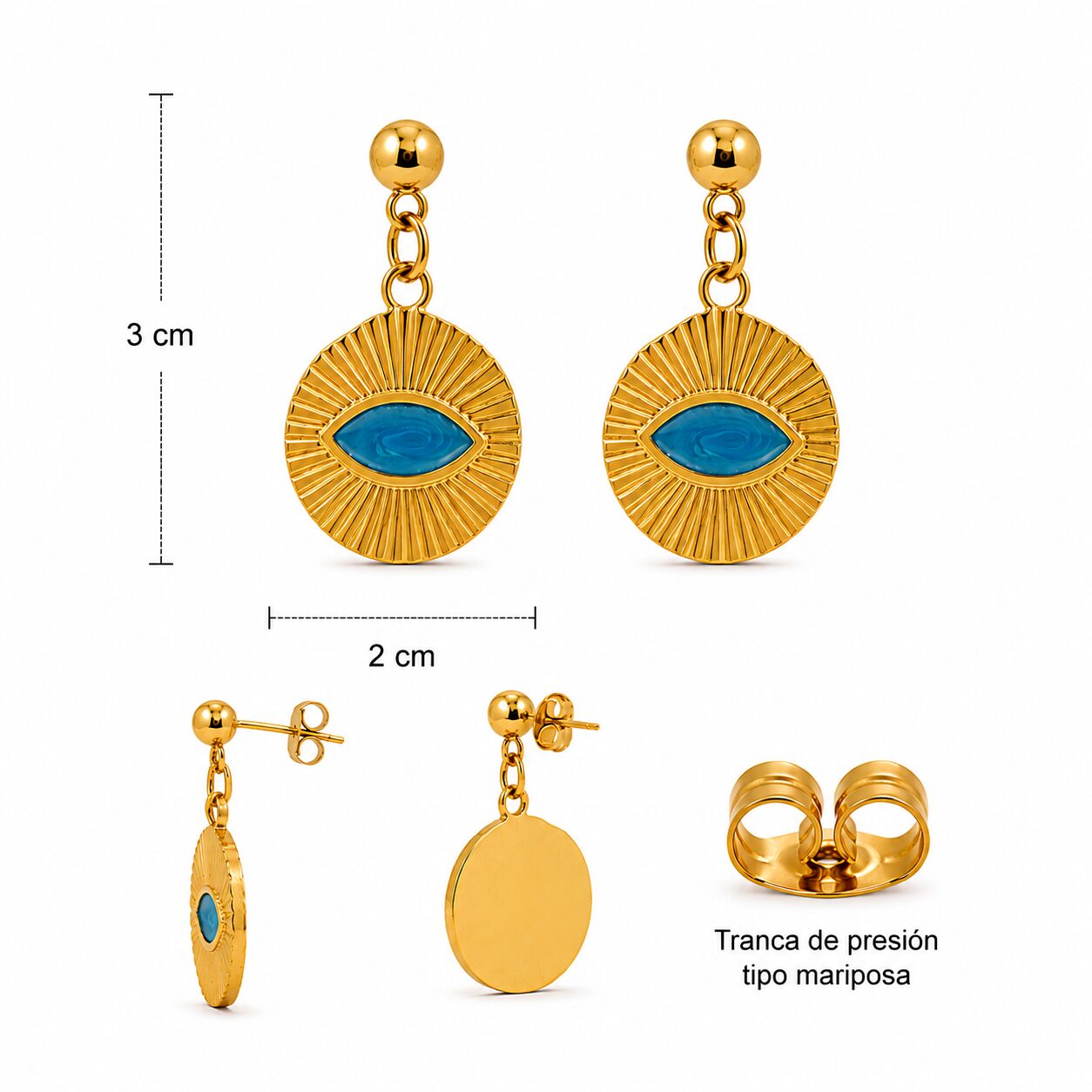 Pendientes Ojo Turquesa de Acero Inoxidable Dorado - Imagen 2