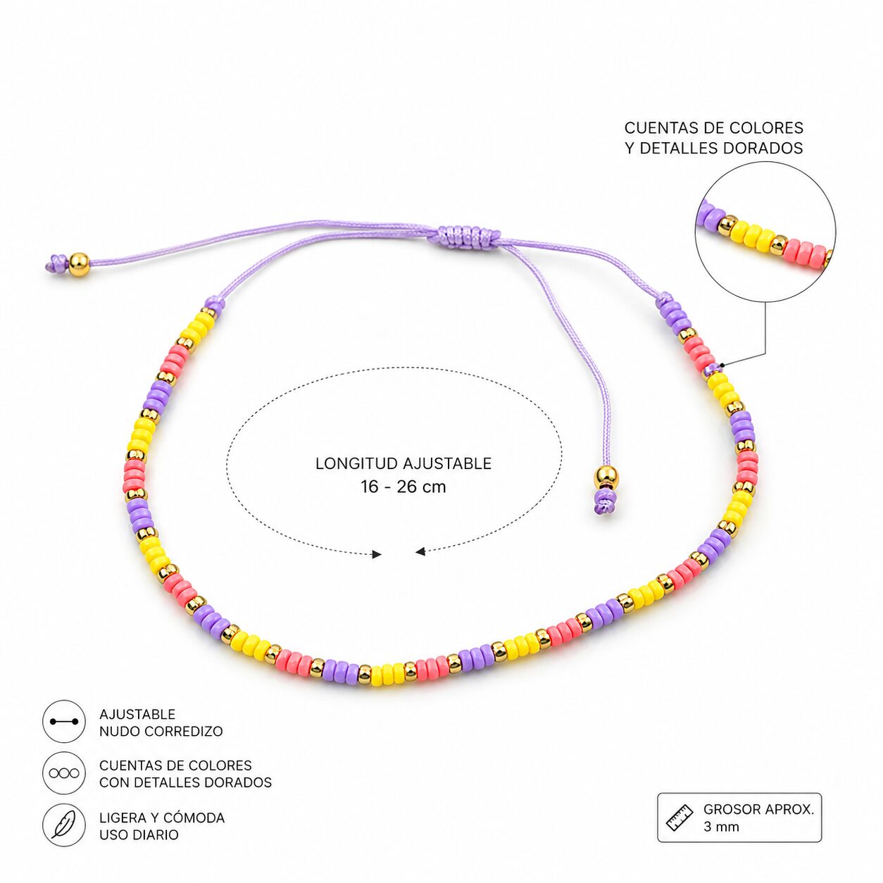 Pulsera Ajustable de Cuentas Amarillas, Lilas y Coral con Detalles Dorados - Imagen 2