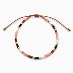 Pulsera Ajustable de Cuentas Rosa, Blanco y Negro con Detalles Dorados