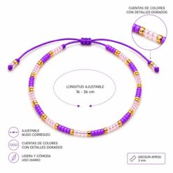 Alternative view of Pulsera Ajustable de Cuentas Violetas y Rosa Cristal con Detalles Dorados