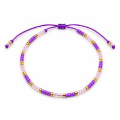 Pulsera Ajustable de Cuentas Violetas y Rosa Cristal con Detalles Dorados