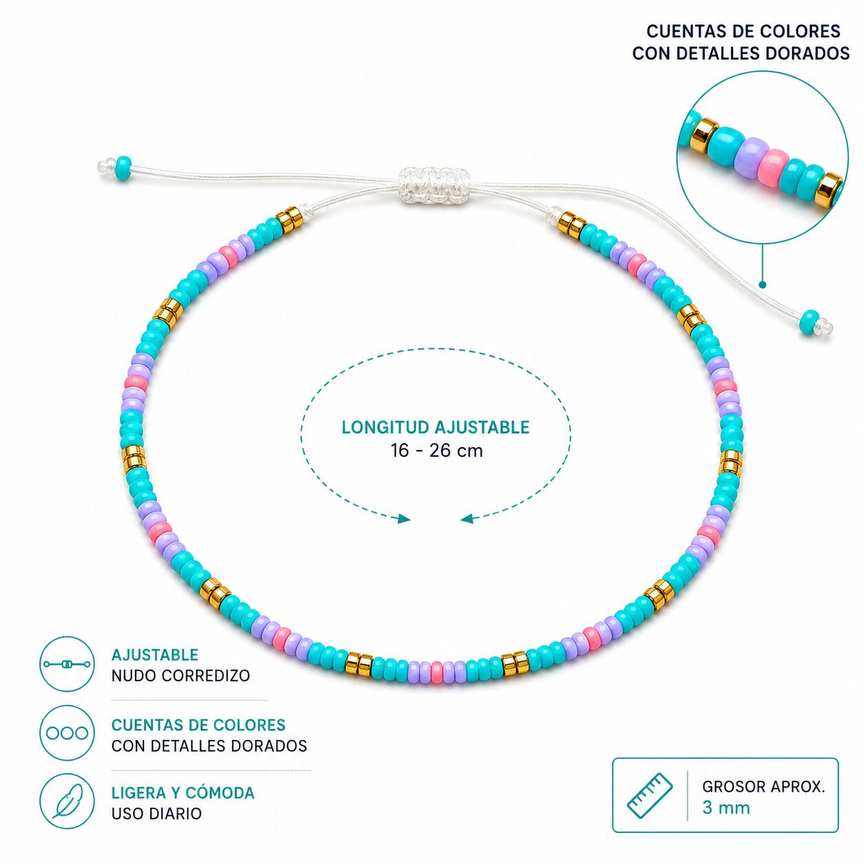 Pulsera Ajustable de Cuentas Turquesa, Lila y Rosa con Detalles Dorados - Imagen 2