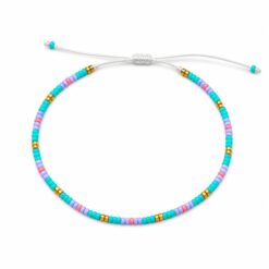 Pulsera Ajustable de Cuentas Turquesa, Lila y Rosa con Detalles Dorados