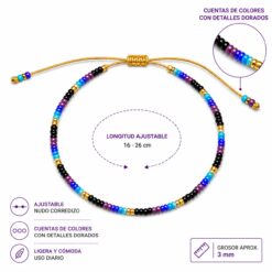 Alternative view of Pulsera Ajustable de Cuentas Negro, Azul y Morado con Detalles Dorados