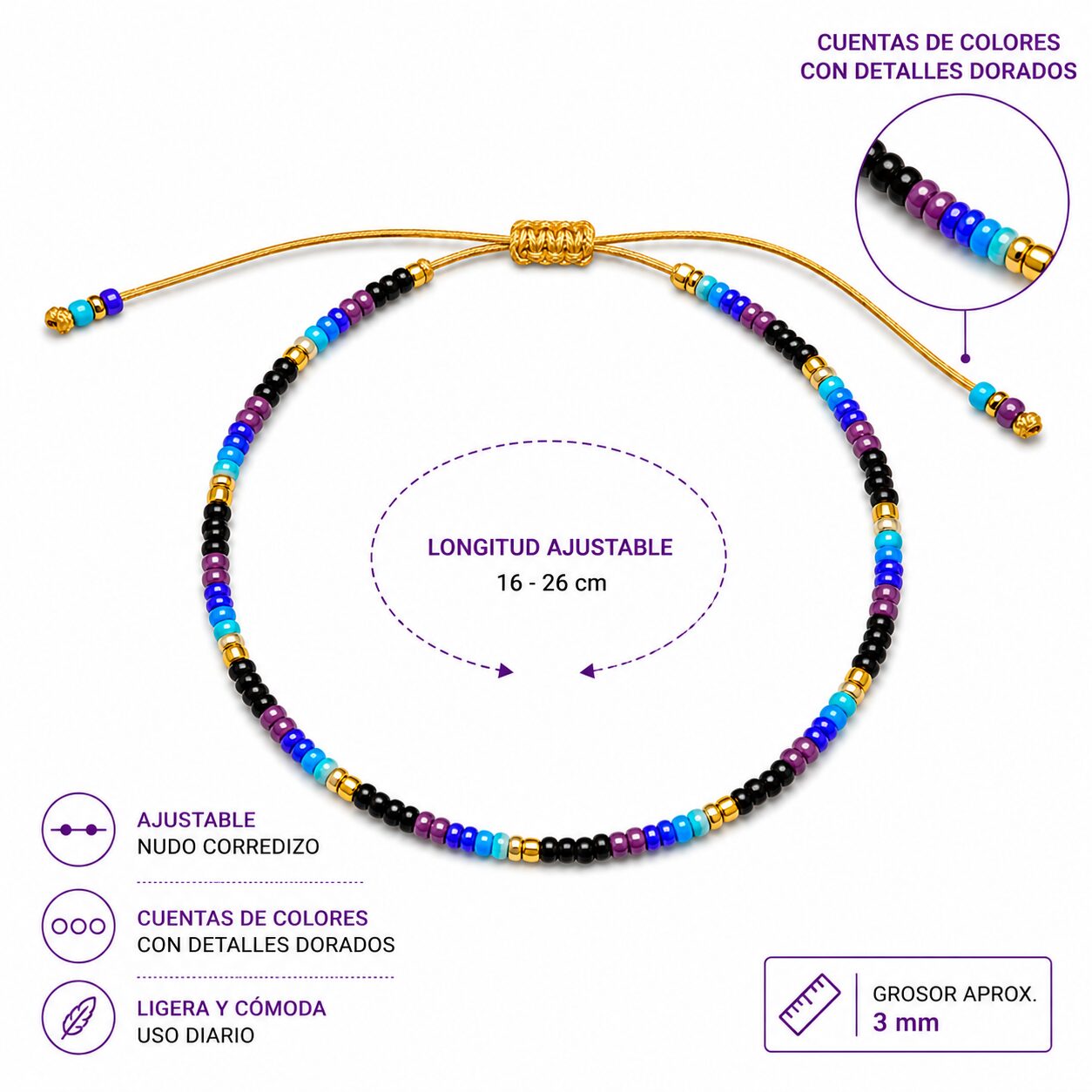 Pulsera Ajustable de Cuentas Negro, Azul y Morado con Detalles Dorados - Imagen 2
