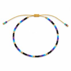 Pulsera Ajustable de Cuentas Negro, Azul y Morado con Detalles Dorados
