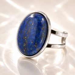 Anillo mineral Ajustable de Acero Inoxidable plateado con Lapislázuli