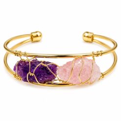 Alternative view of Brazalete de Cuarzo Rosa y Amatista en Bruto de Acero Inoxidable Dorado