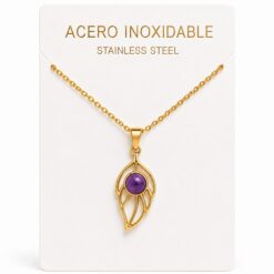 Collar Hoja de Acero Inoxidable Dorado con Amatista