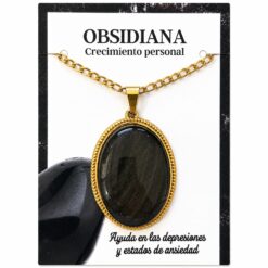 Collar Ovalado de Acero Inoxidable Dorado con Obsidiana grande