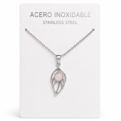 Collar Hoja de Acero Inoxidable Plateado con Cuarzo Rosa