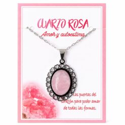Collar de Cuarzo Rosa con Colgante de Corazones de Acero Inoxidable Plateado