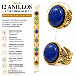 Pack de 12 Anillos Ajustables Modelo 10 de Acero Inoxidable Dorado con Minerales Naturales Surtidos
