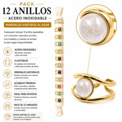 Pack de 12 Anillos Ajustables Modelo 11 de Acero Inoxidable Dorado con Minerales Naturales Surtidos