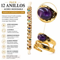 Pack de 12 Anillos Ajustables Modelo 12 de Acero Inoxidable Dorado con Minerales Naturales Surtidos