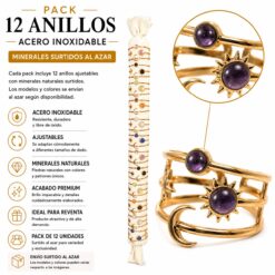 Pack de 12 Anillos Ajustables Modelo 13 de Acero Inoxidable Dorado con Minerales Naturales Surtidos