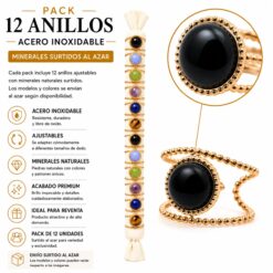 Pack de 12 Anillos Ajustables Modelo 14 de Acero Inoxidable Dorado con Minerales Naturales Surtidos