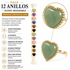 Pack de 12 Anillos Ajustables Modelo 15 de Acero Inoxidable Dorado con Minerales Naturales Surtidos