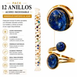 Pack de 12 Anillos Ajustables Modelo 16 de Acero Inoxidable Dorado con Minerales Naturales Surtidos