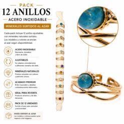 Pack de 12 Anillos Ajustables Modelo 17 de Acero Inoxidable Dorado con Minerales Naturales Surtidos