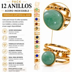 Pack de 12 Anillos Ajustables Modelo 18 de Acero Inoxidable Dorado con Minerales Naturales Surtidos
