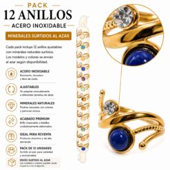 Pack de 12 Anillos Ajustables Modelo 19 de Acero Inoxidable Dorado con Minerales Naturales Surtidos