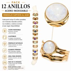 Pack de 12 Anillos Ajustables Modelo 20 de Acero Inoxidable Dorado con Minerales Naturales Surtidos
