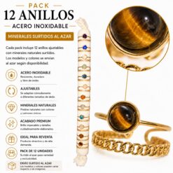 Pack de 12 Anillos Ajustables Modelo 21 de Acero Inoxidable Dorado con Minerales Naturales Surtidos