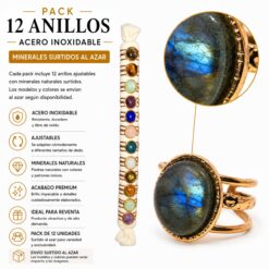 Pack de 12 Anillos Ajustables Modelo 22 de Acero Inoxidable Dorado con Minerales Naturales Surtidos
