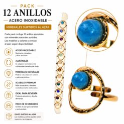 Pack de 12 Anillos Ajustables Modelo 23 de Acero Inoxidable Dorado con Minerales Naturales Surtidos