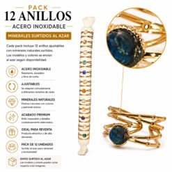 Pack de 12 Anillos Ajustables Modelo 24 de Acero Inoxidable Dorado con Minerales Naturales Surtidos