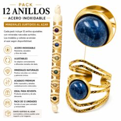 Pack de 12 Anillos Ajustables Modelo 8 de Acero Inoxidable Dorado con Minerales Naturales Surtidos