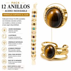 Pack de 12 Anillos Ajustables Modelo 9 de Acero Inoxidable Dorado con Minerales Naturales Surtidos