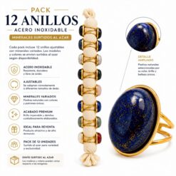 Pack de 12 Anillos Ajustables de Acero Inoxidable Dorado con Minerales Naturales Surtidos