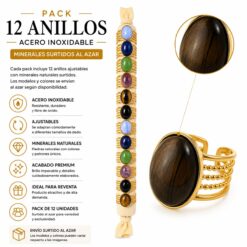 Pack de 12 Anillos Ajustables de Acero Inoxidable Dorado con Minerales Naturales Surtidos Modelo 2