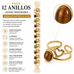 Pack de 12 Anillos Ajustables Corazón de Acero Inoxidable Dorado con Minerales Naturales Surtidos