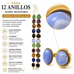Pack de 12 Anillos Ajustables Doble Mineral Modelo 4 de Acero Inoxidable Dorado con Minerales Naturales Surtidos